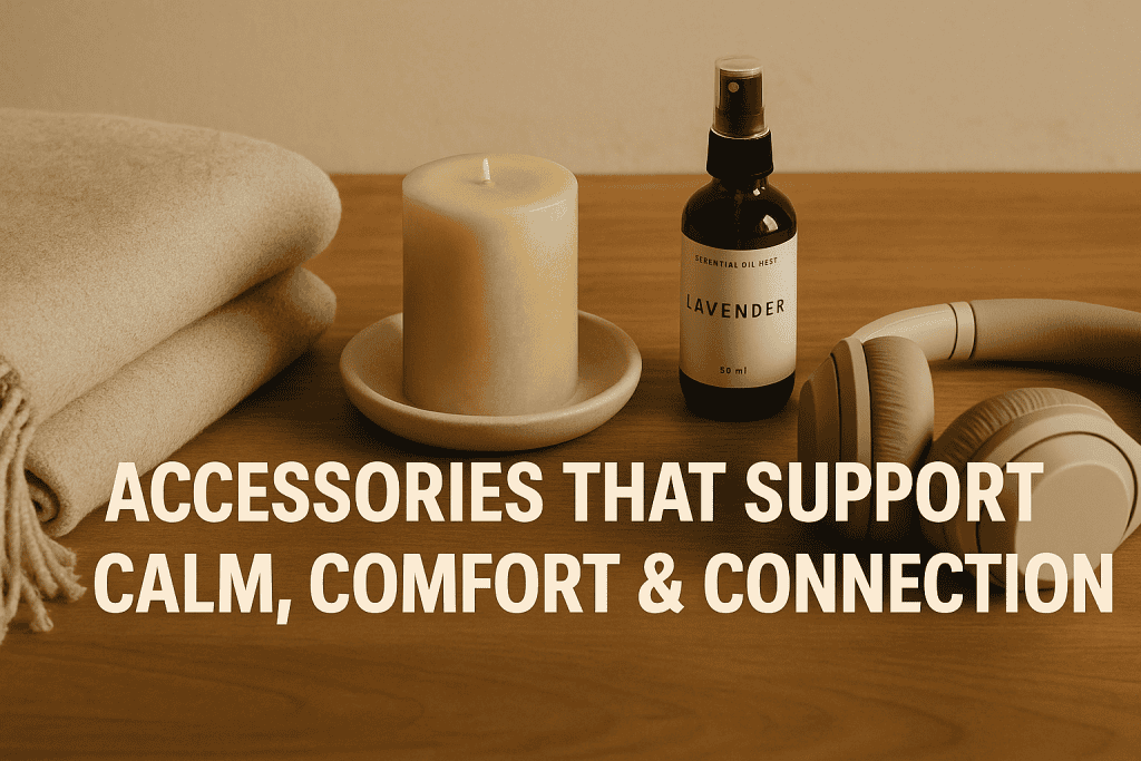A folded blanket, a lit candle, a lavender spray bottle, and headphones on a wooden surface with the text 