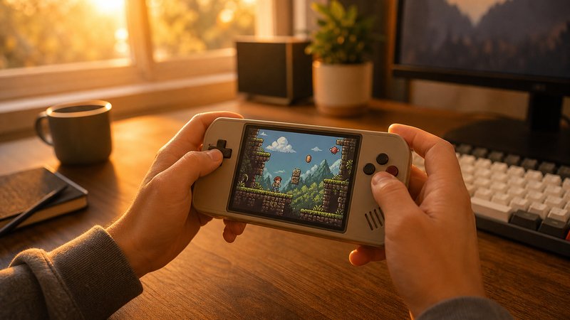 Retro gaming handheld from the Anbernic vs Retroid comparison in use at a home office desk
