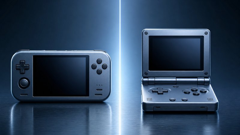 Two Anbernic handhelds for PS1 emulation compared side by side on brushed metal