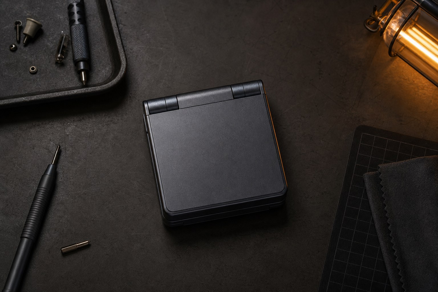 Anbernic RG SP retro handheld folded closed on a dark workbench