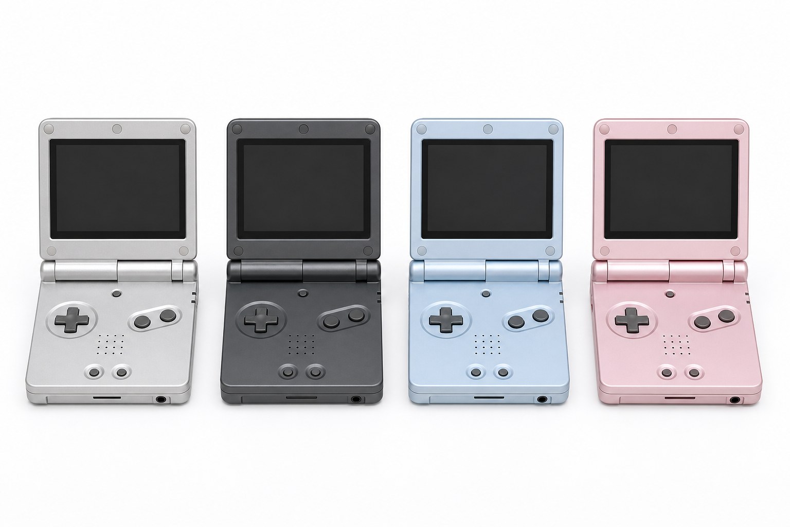 Anbernic RG SP four color options lined up: Platinum, Graphite, Pearl Blue, Pearl Pink