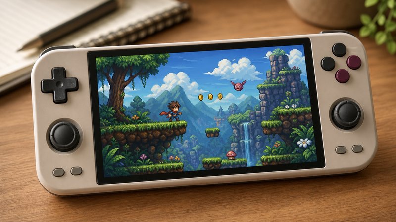 Handheld for GBA emulation with a 3:2 screen on a wood desk in soft daylight