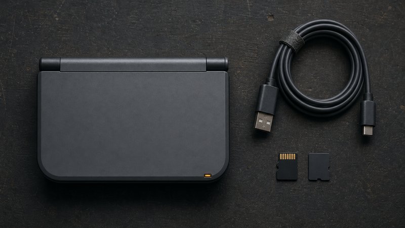 Anbernic RG35XX SP with microSD cards and cable in an overhead flat-lay on a dark workbench