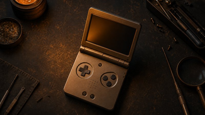 Anbernic RG35XX SP clamshell retro handheld under $100, half open on a workbench
