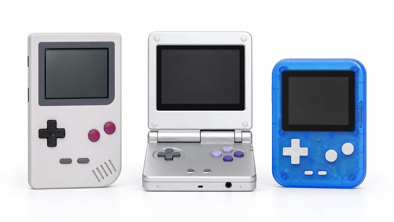 Anbernic RG35XX SP beside two rival retro handhelds in a row on a white background