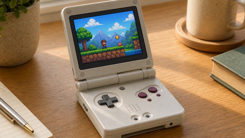 Anbernic RG35XX SP retro handheld open on a wood desk in soft daylight