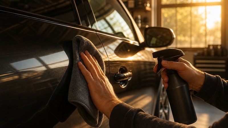 Hands applying ceramic spray coating to a car panel in golden hour light