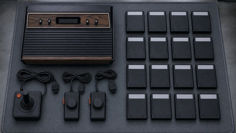 Woodgrain console, joysticks, and cartridges for the best Atari 2600 games on a garage mat