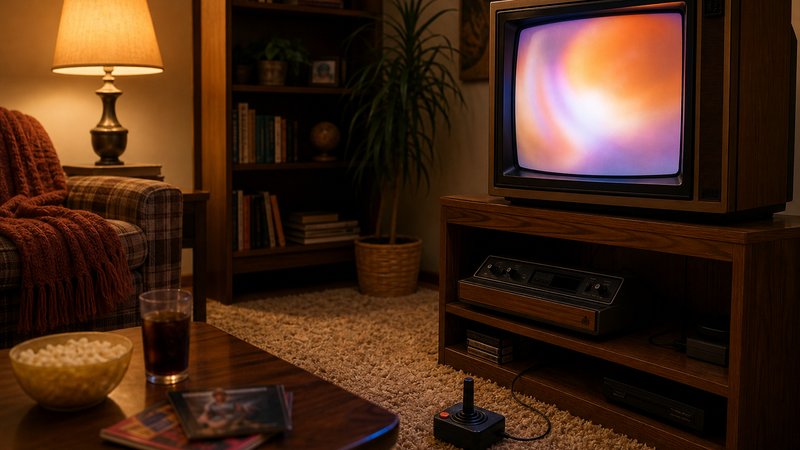 Lamp-lit living room CRT ready for a night of the best Atari 2600 games