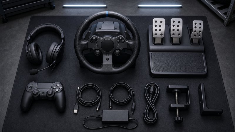 Starter sim racing gear for beginners spread on a garage mat under cool LED light