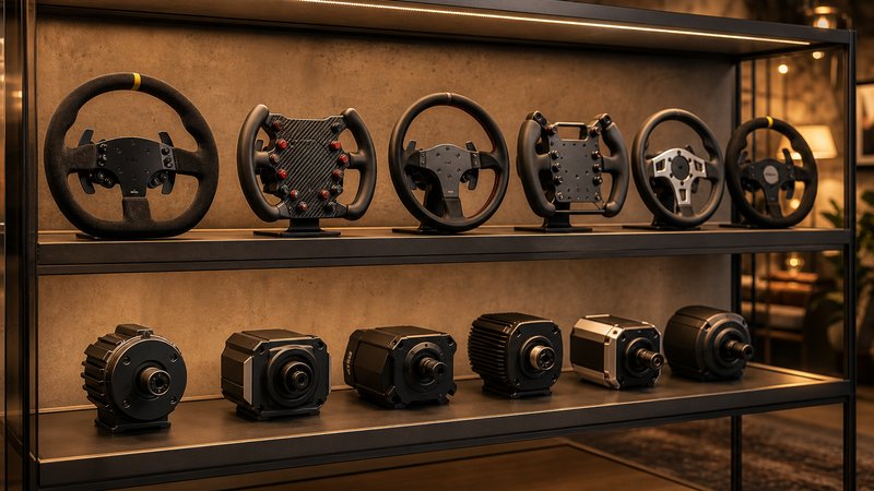 Collection of beginner sim racing wheels lined up on a display shelf