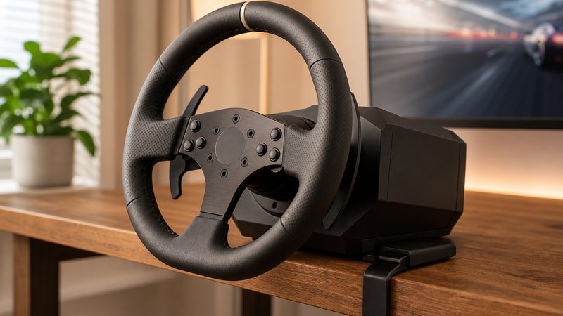 Entry level sim racing wheel for beginners clamped to a wood desk