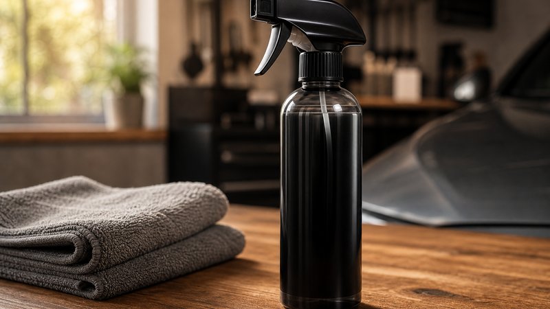 Budget ceramic spray coating bottle on a wood bench in soft daylight