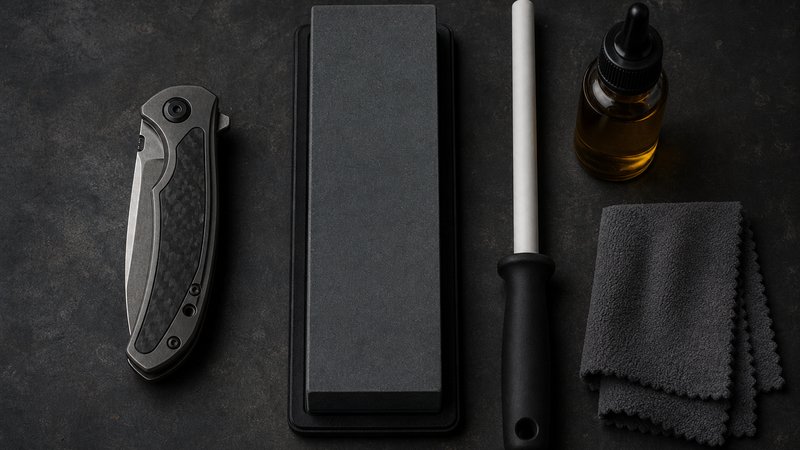 Budget EDC knife laid out with care accessories on a dark workbench