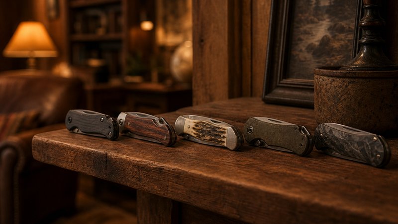 Budget EDC knife collection displayed on a wooden shelf in warm light