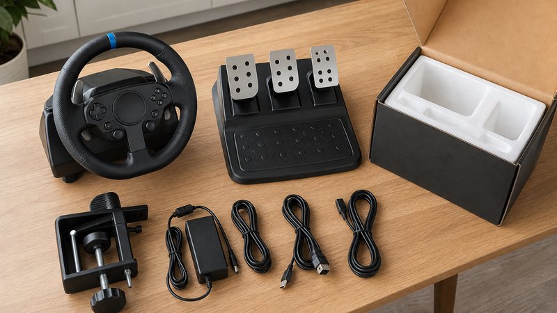 Budget sim racing wheel bundle for beginners unboxed on a kitchen table