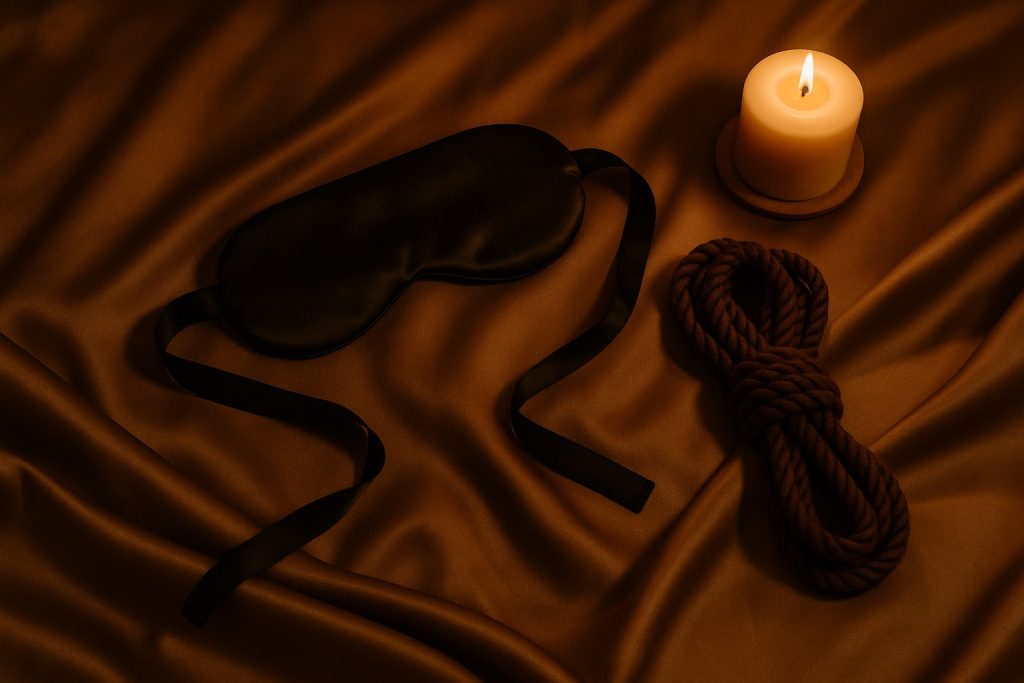 A black sleep mask, a coiled brown rope, and a lit candle rest on brown satin fabric in low light - creating the perfect setting for light role-play trust and intimate exploration.