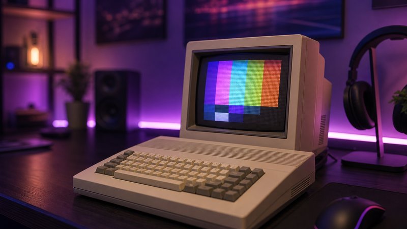 Vintage beige computer glowing on a modern desk, replaying the best Commodore 64 games today
