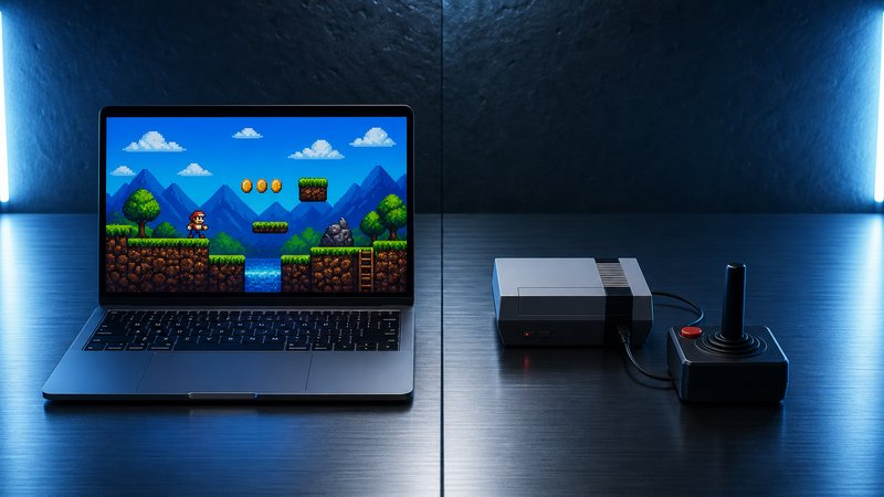 Laptop and mini retro console side by side, two ways to play Commodore 64 games today