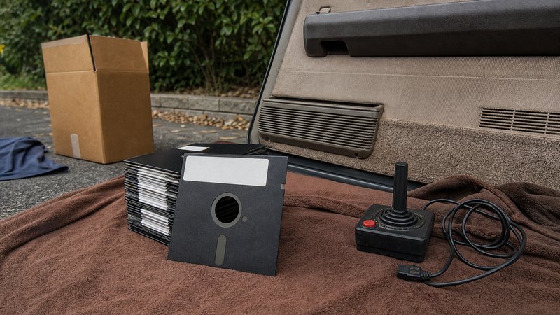 Floppy disks and a joystick laid out on a driveway, hunting the best Commodore 64 games secondhand