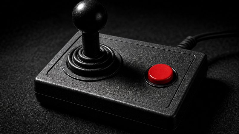 Classic joystick under a spotlight on black felt, ready for the best Commodore 64 games