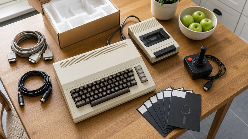 Retro computer, tape drive, and floppies spread on a kitchen table for the best Commodore 64 games