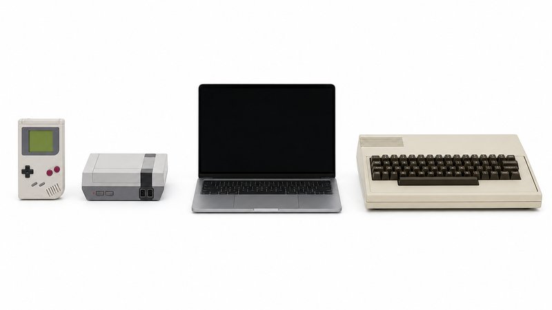 Row of devices that play Commodore 64 games today, from handheld to full-size computer