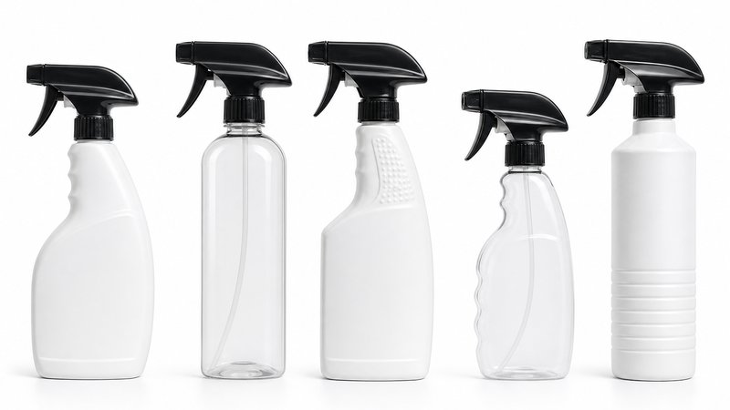 Five ceramic spray coating bottles lined up for comparison on a white background