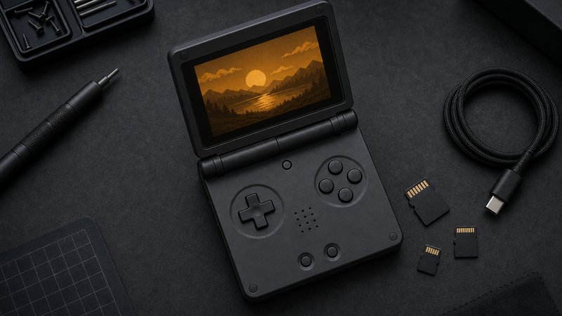 Clamshell Game Boy emulation handheld with accessories on a dark workbench