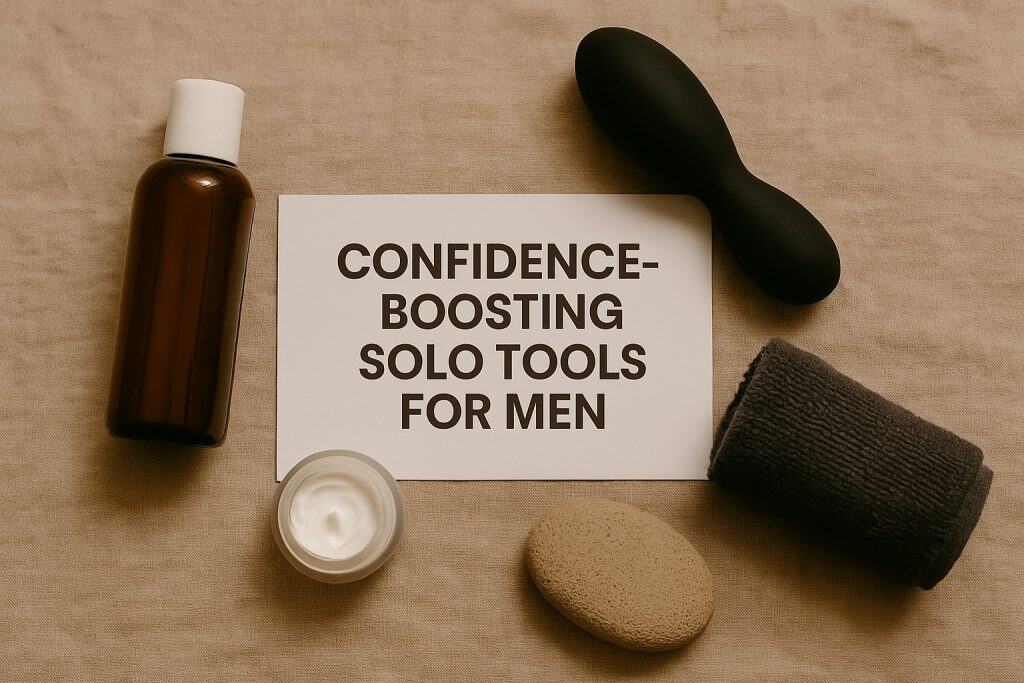 A bottle, black massager, cream, towel, sponge, and a card reading Confidence-Boosting Solo Tools for Men highlight men's intimacy products arranged on a beige fabric surface.