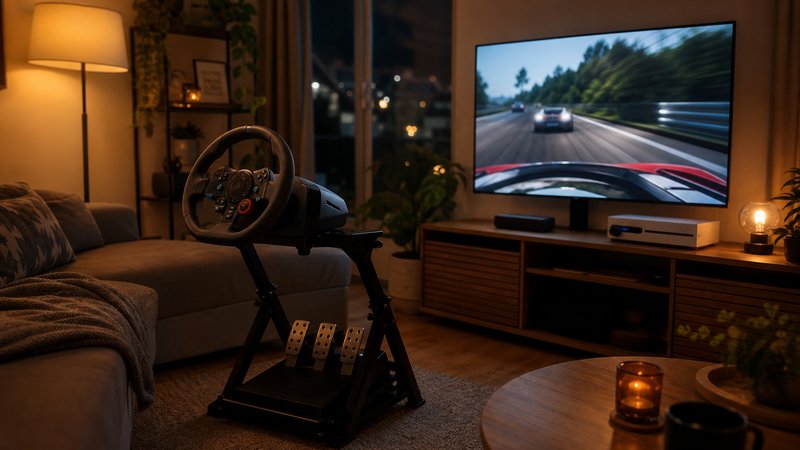 Living room console setup for sim racing games for beginners with a wheel stand by the TV