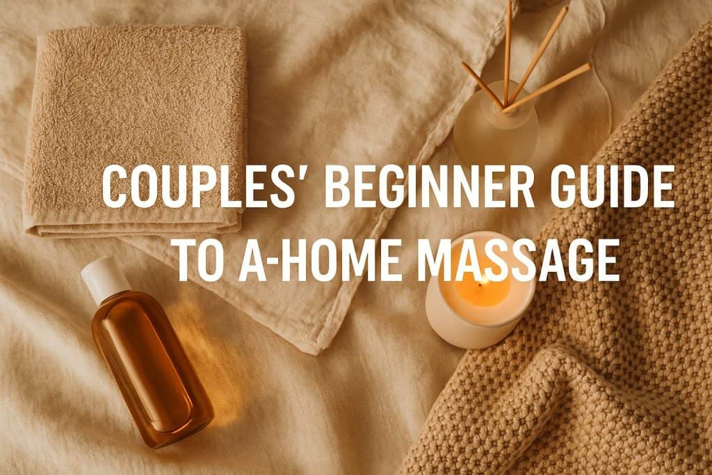 A brown towel, massage oil, candle, and diffuser displayed on a beige fabric surface - perfect for learning beginner massage techniques.