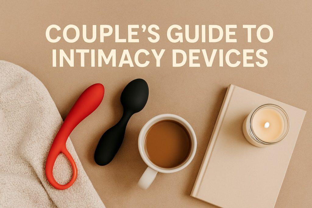 A red and a black shared intimacy tool, a beige towel, coffee mug, closed book, and lit candle on a tan surface with text Couple's Guide to Non-Explicit Intimacy Education for Couples Communication.