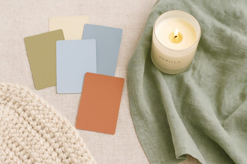 Five color swatches, a lit vanilla candle, a knitted beige fabric, and a green cloth are arranged on a neutral surface - perfect sensory relaxation tools for creating a calming bedroom atmosphere.