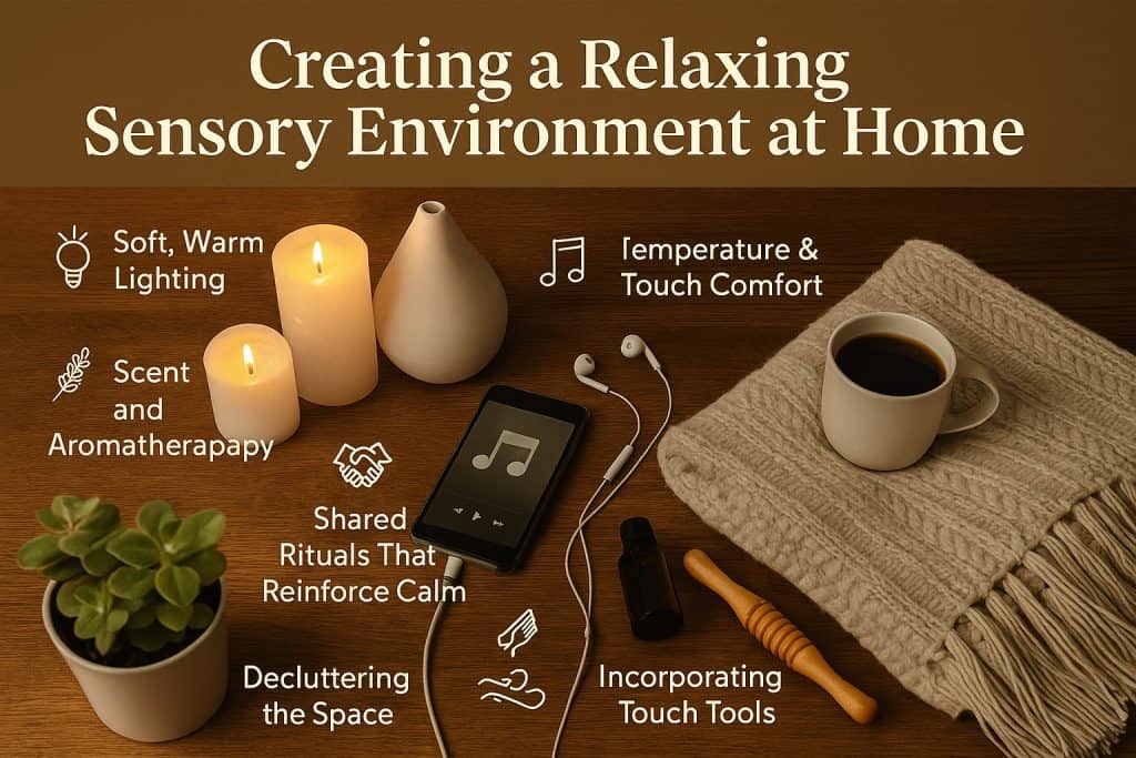 A cozy setup featuring candles, coffee, a plant, essential oils, a knit blanket, earbuds, and a phone - perfect for couples relaxation rituals and creating a soothing home environment with relaxing sensory tips.