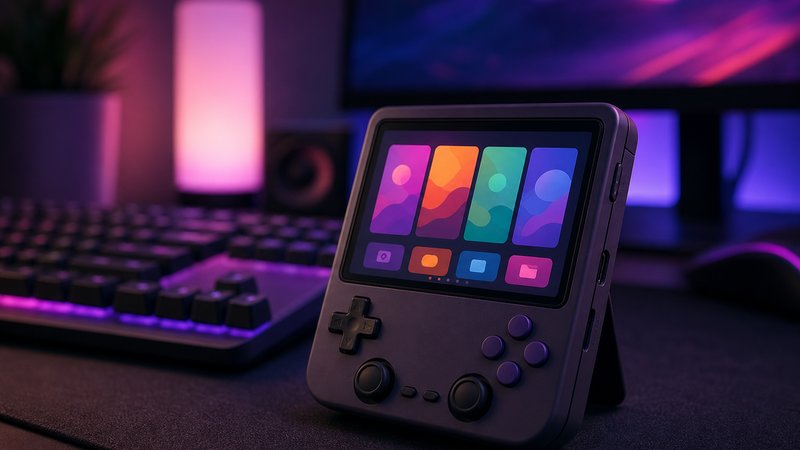 Retro handheld running custom firmware on a gaming desk with soft RGB glow
