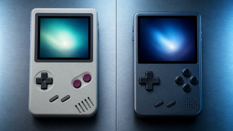 Two retro handhelds side by side under studio light, comparing custom firmware options