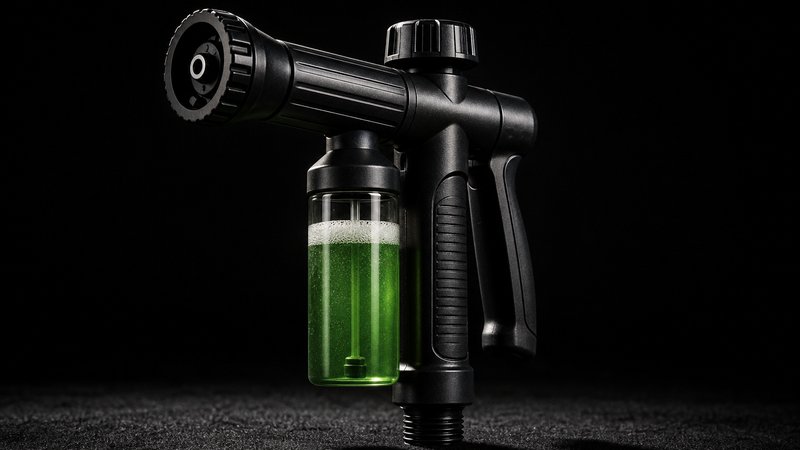 Foam gun from a beginner car detailing kit spotlit on black felt
