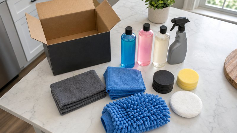 Car detailing kit for beginners unboxed and spread across a kitchen table