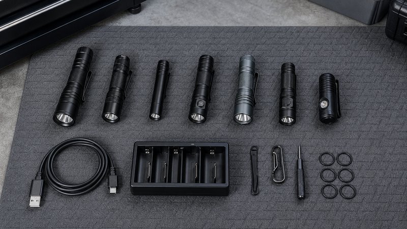 Budget EDC flashlights under $50 spread on a garage mat for pre-purchase checks