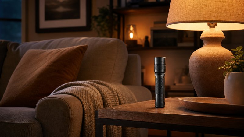 EDC flashlight under $50 standing tail-down on a couch-side table in the evening