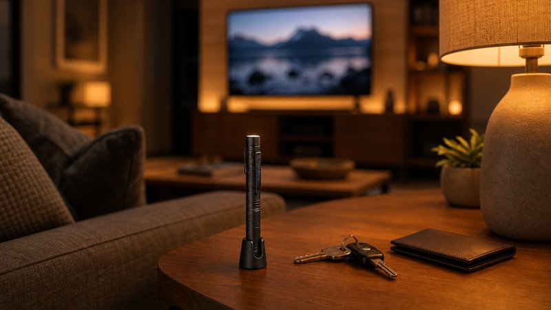 EDC starter kit flashlight standing on a couch-side table in a lamp-lit evening room