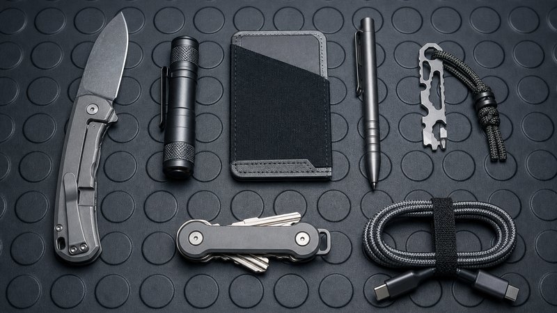 Full EDC starter kit under $150 spread on a garage mat with knife, flashlight, wallet, pen, and multitool