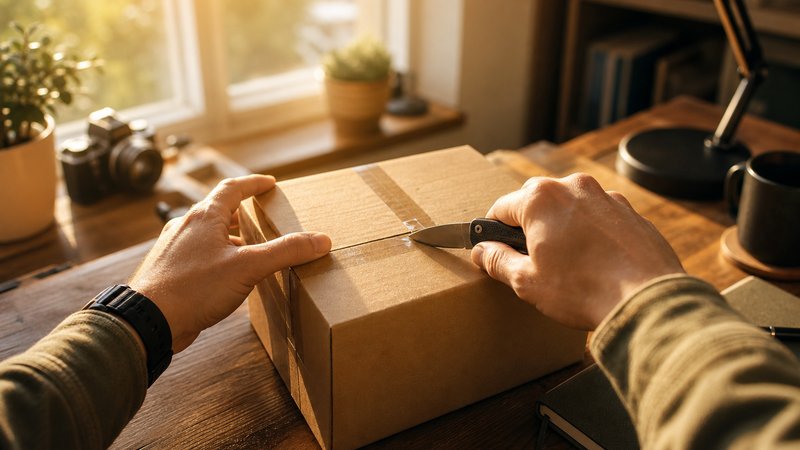 Hands opening a package with a budget EDC starter knife at a home office desk