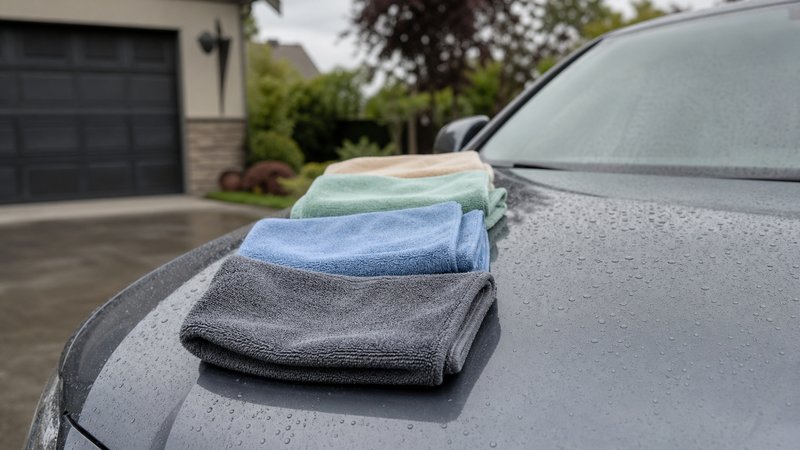 Edgeless microfiber towels for cars laid out along a body panel in a driveway