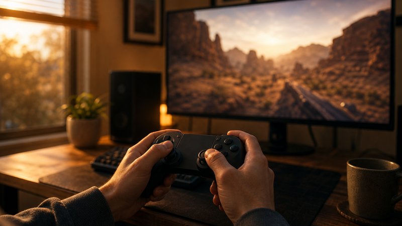 Hands on a controller at golden hour, starting the Fallout games in order on a home office PC