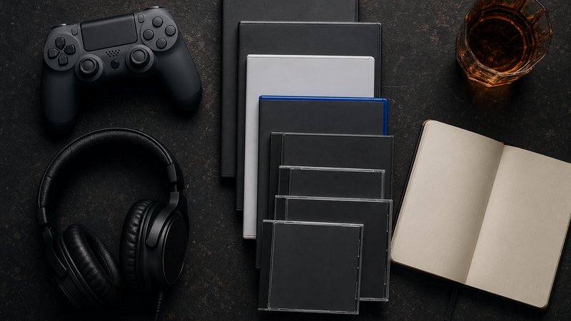 Overhead flat-lay of game cases and a controller mapping the Fallout games in order of release