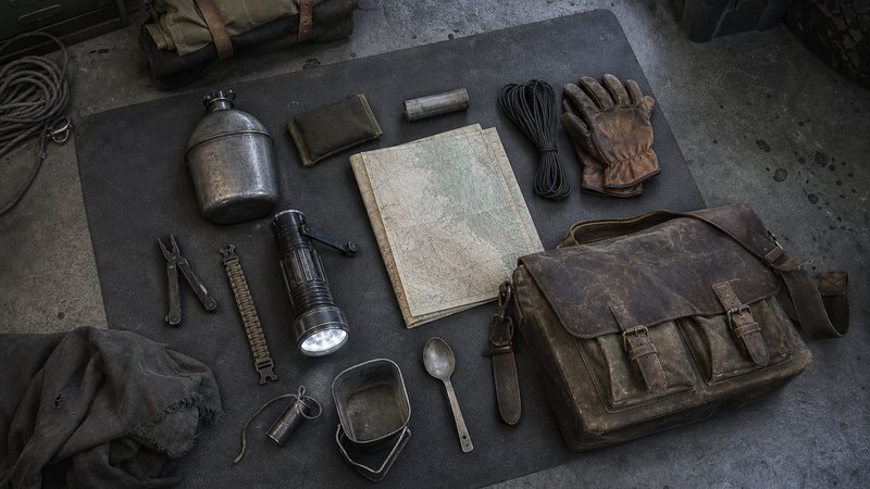 Overhead spread of wasteland-style survival gear inspired by the Fallout games timeline