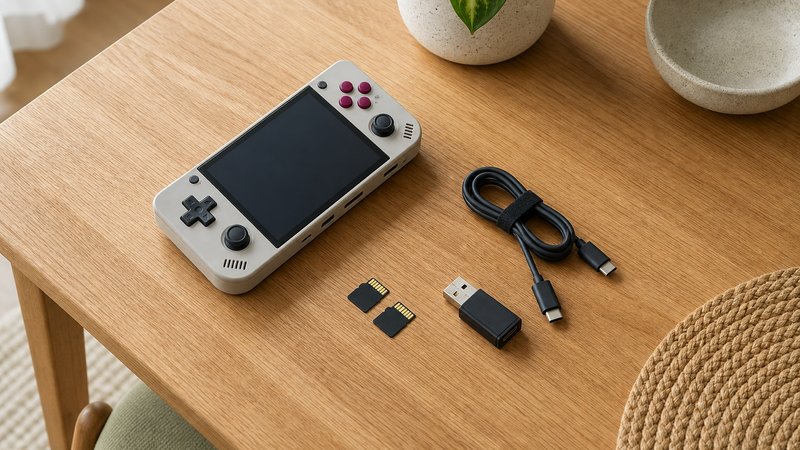 MicroSD cards and handheld laid out on a kitchen table for a retro handheld custom firmware install