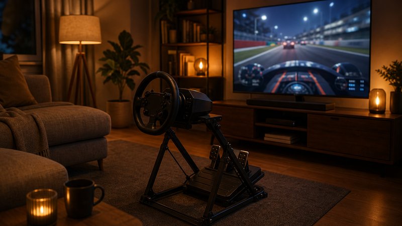 Foldable sim racing cockpit under $300 set up beside a couch and TV